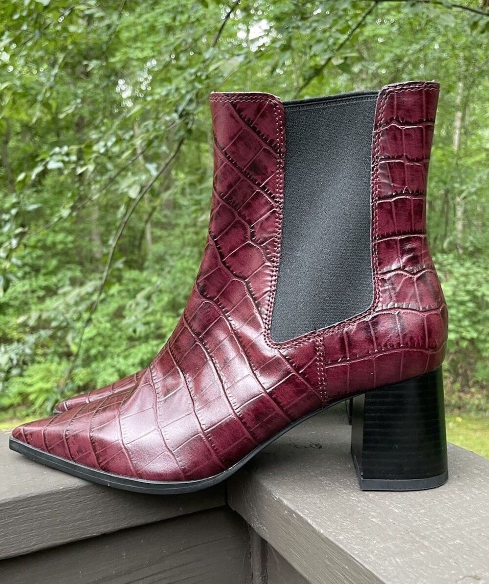 Mob Wife Burgundy Croc Leather Chelsea Boots M&S Insolia Block Heel Size 6